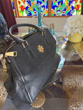 Tory Burch Black Pebbled Leather Top-Handle Briefcase with Gold Logo
